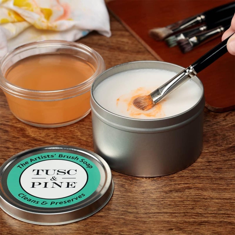 Tusc & Pine The Artists' Brush Soap - 2oz and 12 oz Set - Plant-Based Brush Cleaner, Oil, Acrylic, Watercolor Paint - Nourishes Bristles; Made in North Carolina; Alkali Soap, Gentle Pine Fragrance - Image 3